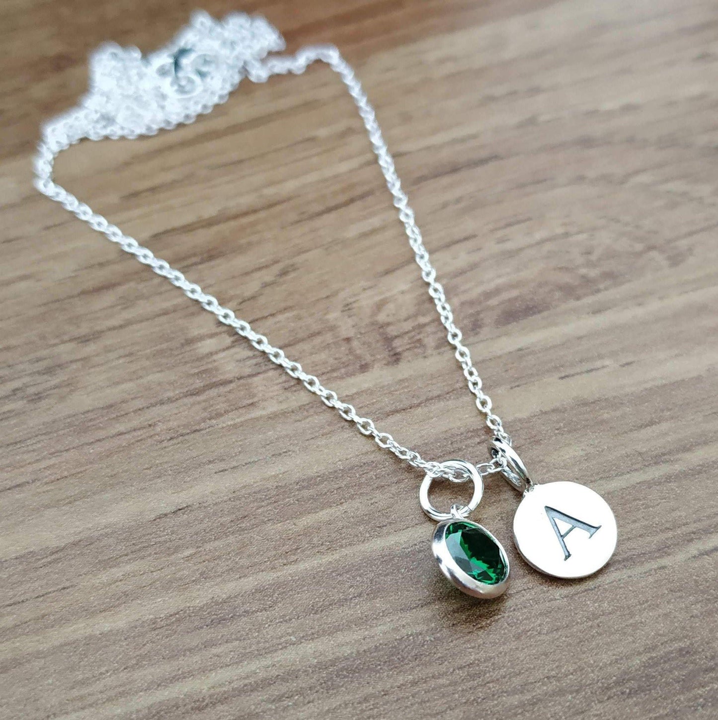 Sterling Silver Green CZ and Initial Pendant Necklace - SKU 158 - Sophellie Jewellery