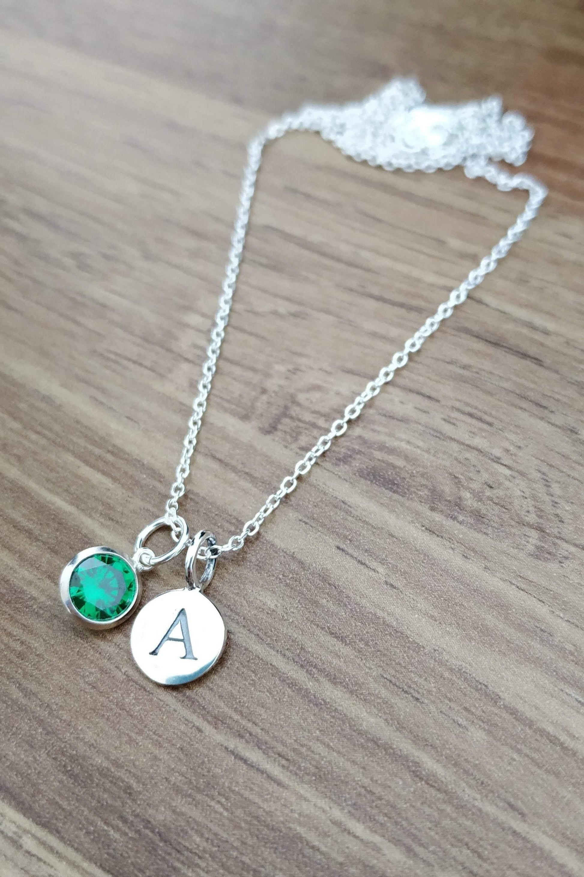 Sterling Silver Green CZ and Initial Pendant Necklace - SKU 158 - Sophellie Jewellery