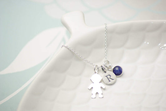 Sterling Silver Personalised Initial and Gemstone Baby Boy Necklace - SKU 055 - Sophellie Jewellery