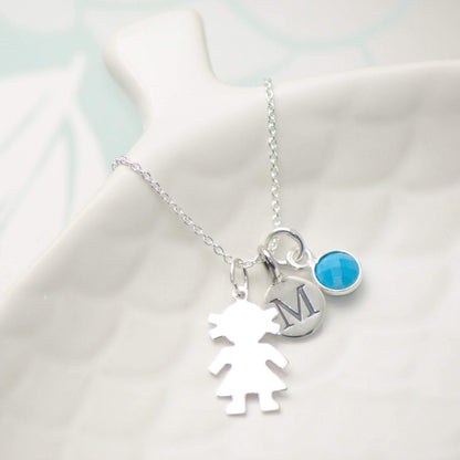 Sterling Silver Personalised Initial and Gemstone Girl Necklace - SKU 065 - Sophellie Jewellery