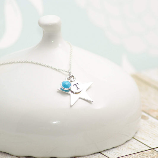 Sterling Silver Initial and Gemstone Star Necklace - SKU 146 - Sophellie Jewellery