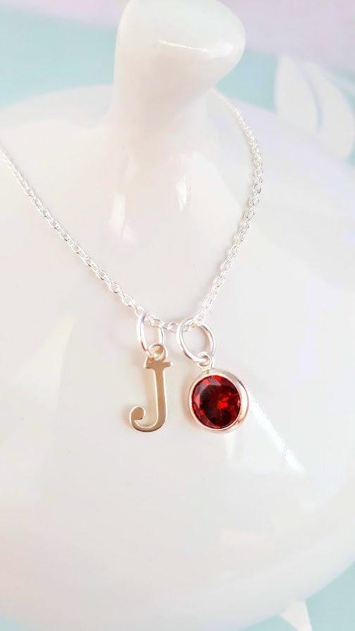 Sterling Silver Initial and Ruby Gemstone Necklace - SKU 183 - Sophellie Jewellery