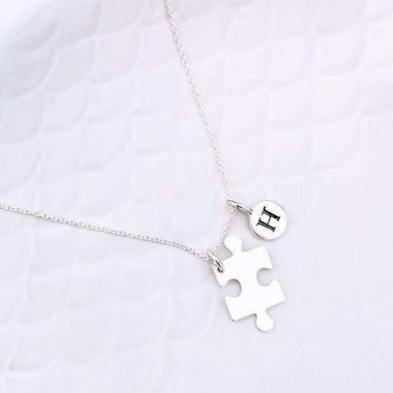 Sterling Silver Jigsaw Puzzle and Initial Pendant Necklace - SKU 220 - Sophellie Jewellery