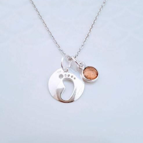 Sterling Silver Footprint and Birthstone Necklace - SKU 345 - Sophellie Jewellery