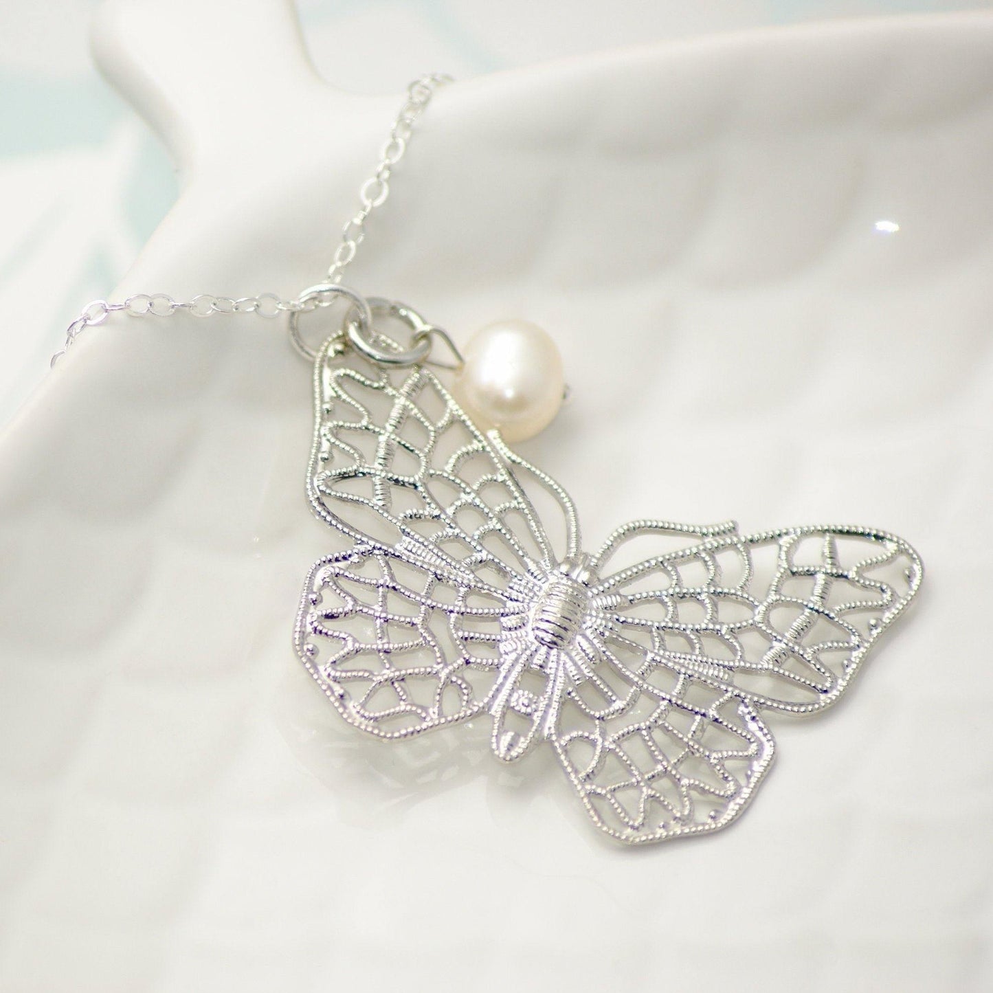 Sterling Silver Butterfly and Pearl Pendant Necklace - SKU 046 - Sophellie Jewellery