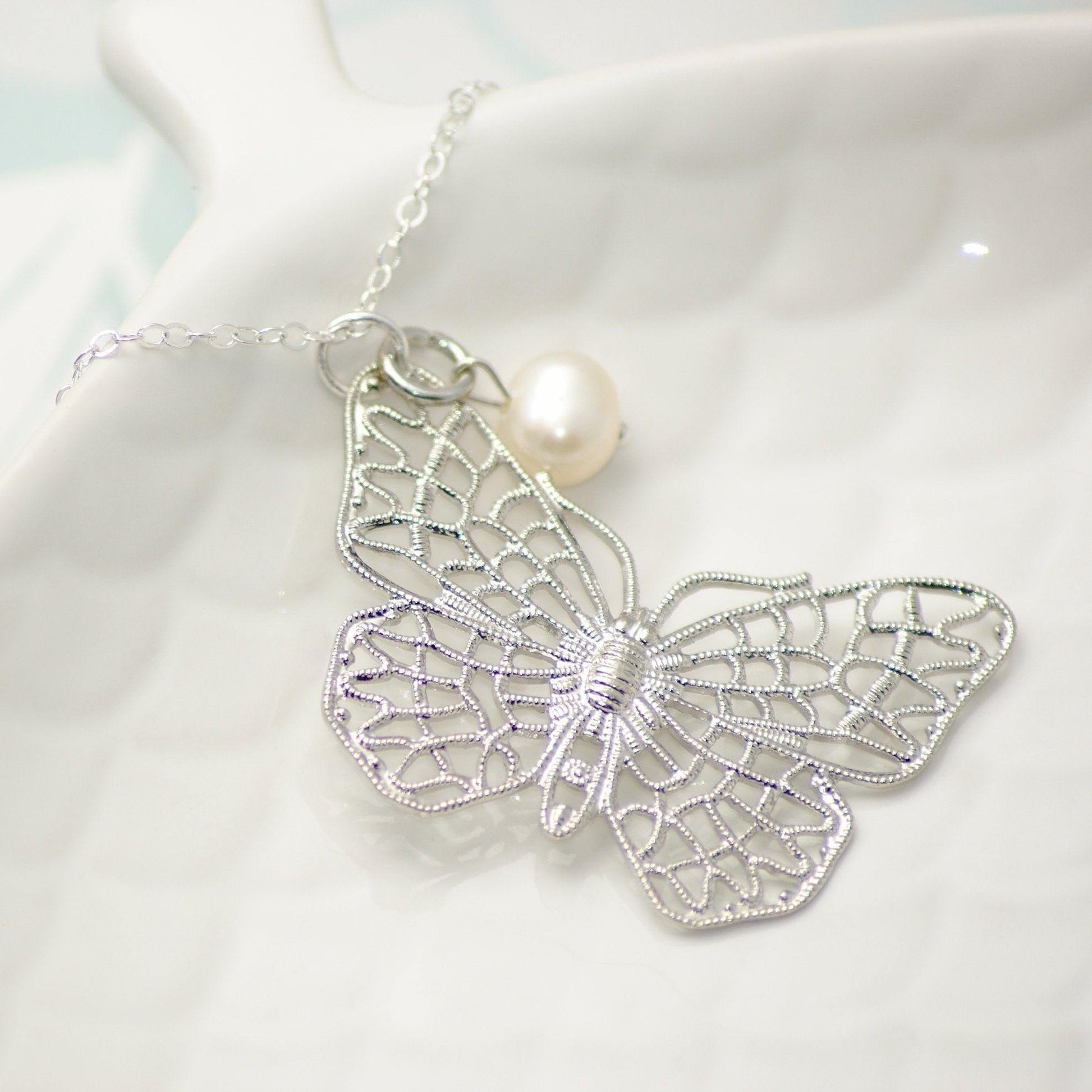 Sterling Silver Butterfly and Pearl Pendant Necklace - SKU 046 - Sophellie Jewellery