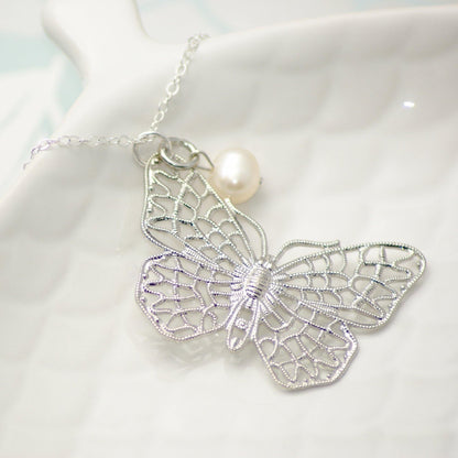 Sterling Silver Butterfly and Pearl Pendant Necklace - SKU 046 - Sophellie Jewellery