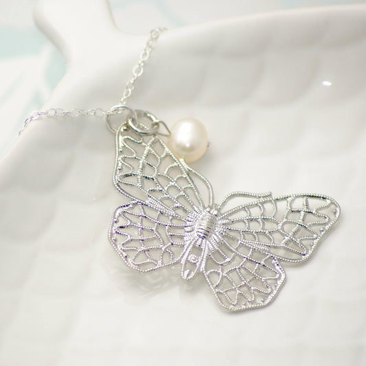 Sterling Silver Butterfly and Pearl Pendant Necklace - SKU 046 - Sophellie Jewellery