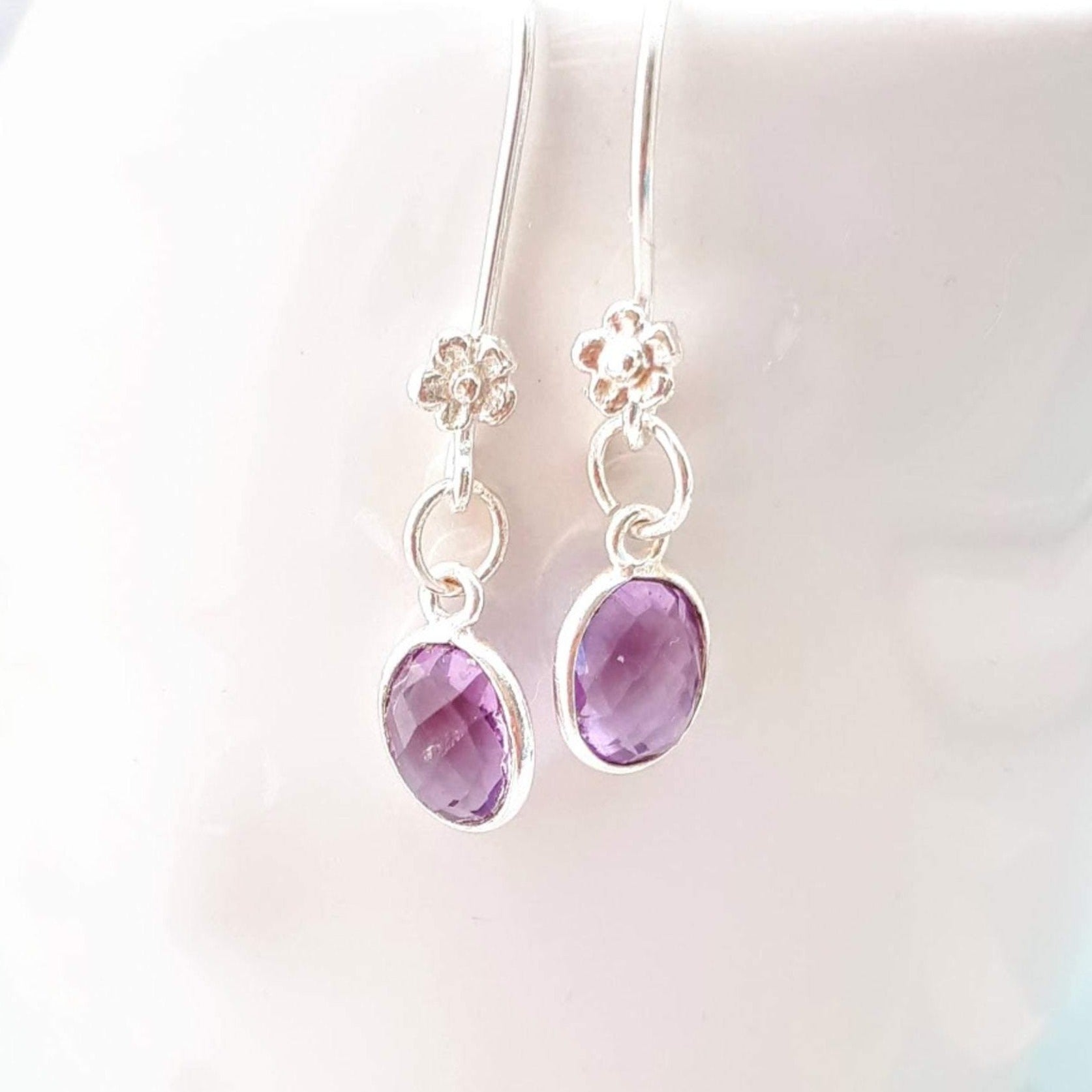 Sterling Silver Amethyst Gemstone Flower Dangle Earrings - SKU 585 - Sophellie Jewellery