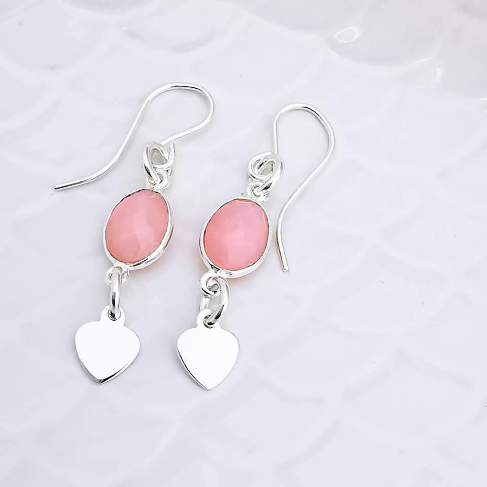 Sterling Silver Oval Pink Opal and Silver Heart Dangle Earrings - SKU 475 - Sophellie Jewellery