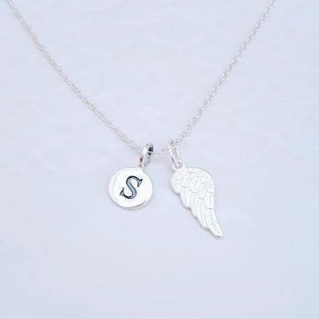 Sterling Silver Initial and Angel Wing Pendant Necklace - SKU 372 - Sophellie Jewellery