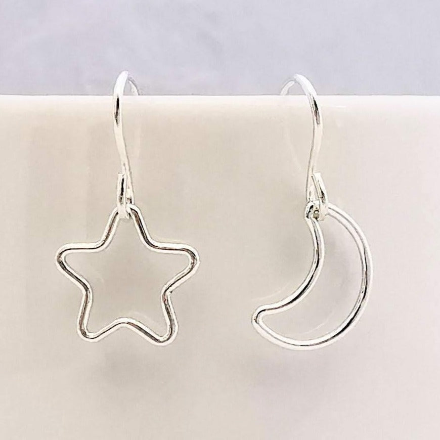 Sterling Silver Moon and Star Dangle Earrings - SKU 551 - Sophellie Jewellery