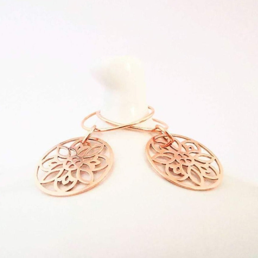 Rose Gold Flower Dangle Hoop Earrings - SKU 557 - Sophellie Jewellery