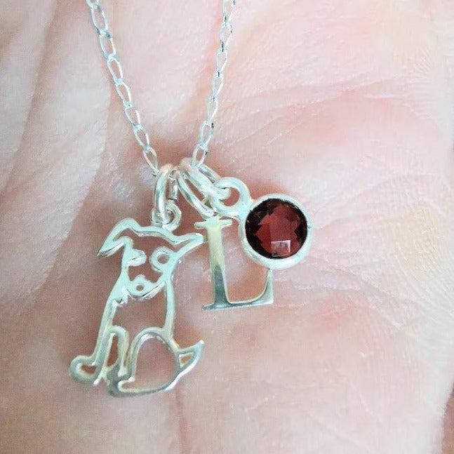 Sterling Silver Initial and Gemstone Dog Pendant Necklace - SKU 607 - Sophellie Jewellery