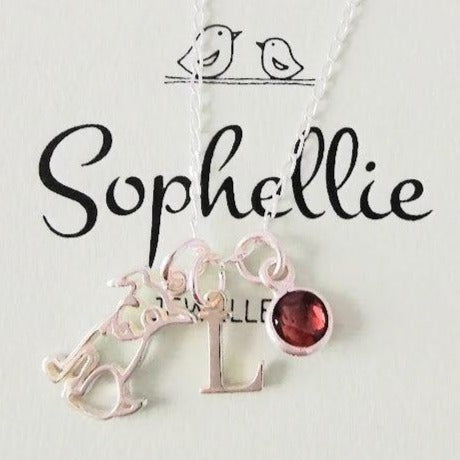 Sterling Silver Initial and Gemstone Dog Pendant Necklace - SKU 607 - Sophellie Jewellery