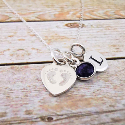 Sterling Silver Baby Footprint Initial and Gemstone Necklace - SKU 661 - Sophellie Jewellery