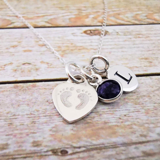 Sterling Silver Baby Footprint Initial and Gemstone Necklace - SKU 661 - Sophellie Jewellery