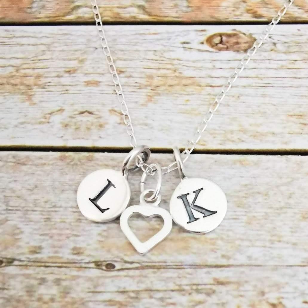 Sterling Silver Double Initial and Heart Pendant Necklace - SKU 659 - Sophellie Jewellery